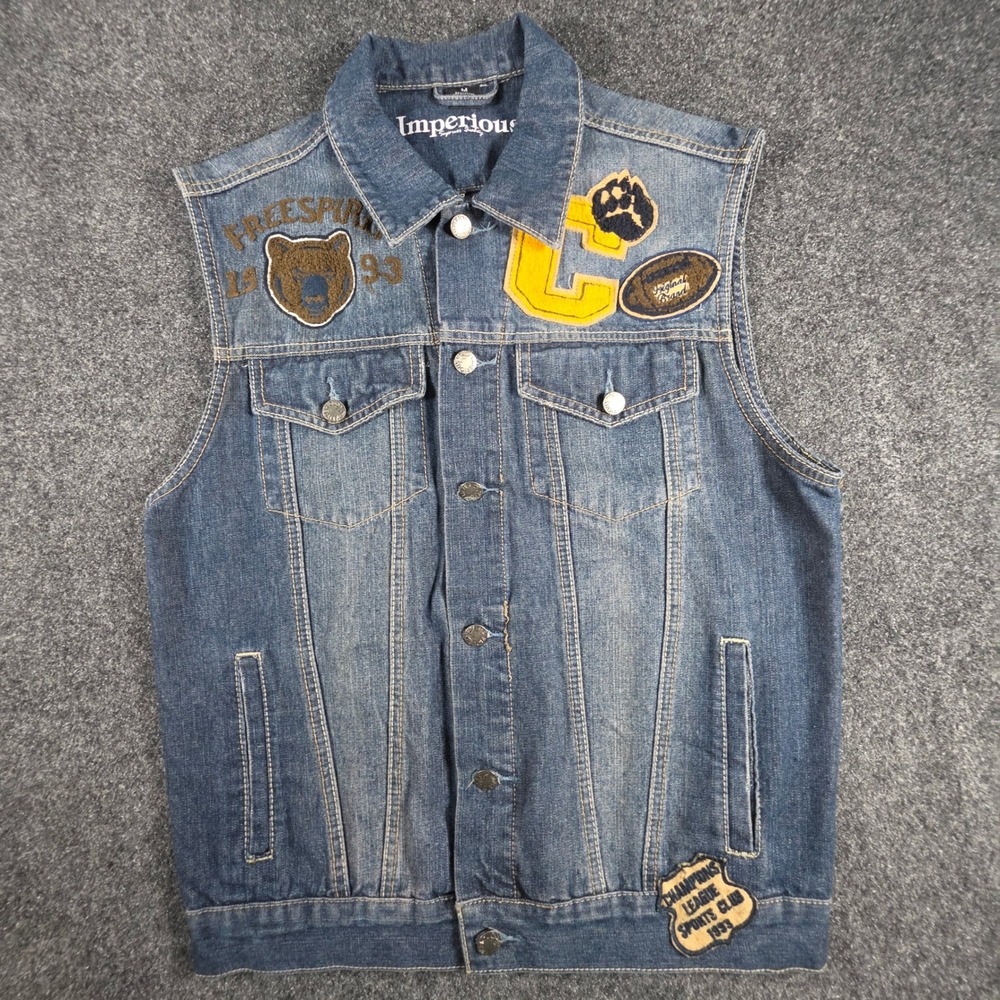 Imperious Denim Vest Mens Medium Blue Patch Varsity Bear Football Trucker Jacket